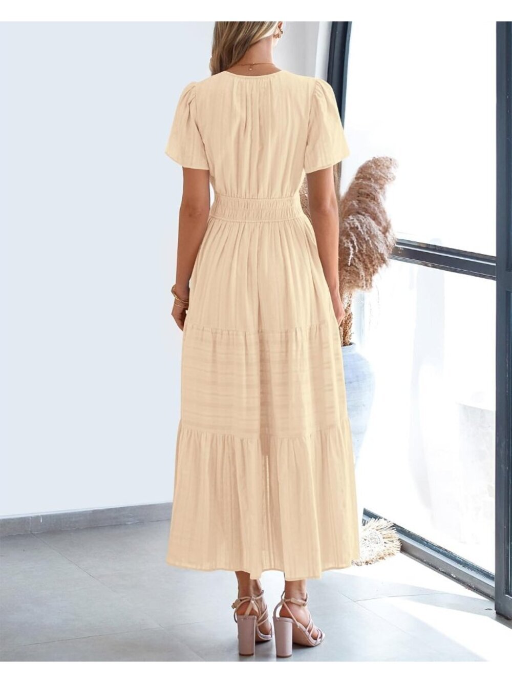 〽️Women's Apricot Lightweight Short Sleeve V Neck Elastic Waist Maxi Dresses